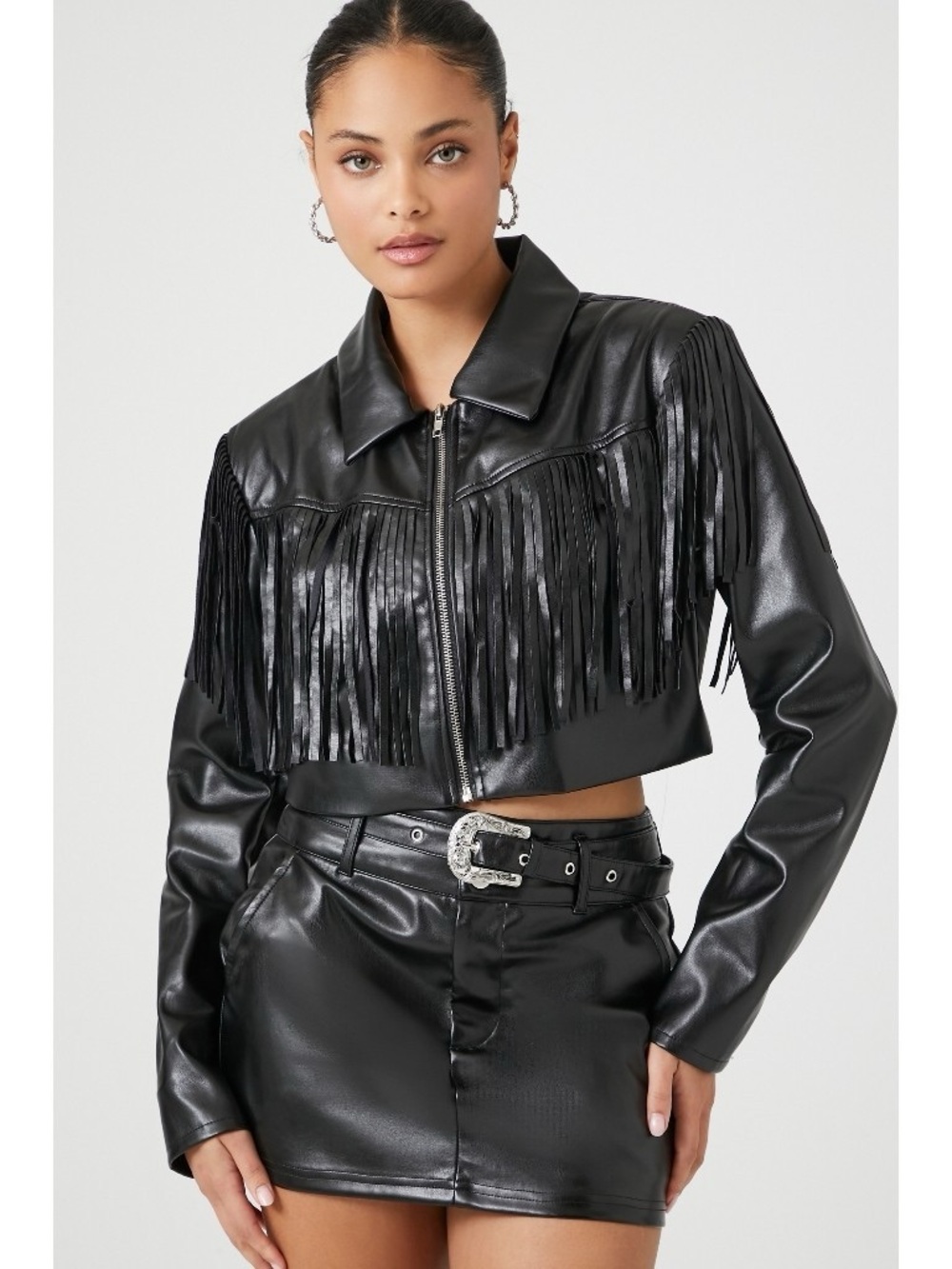 NWOT Forever 21 Black Faux Leather Fringe Crop Jacket Zip-Up Western Style